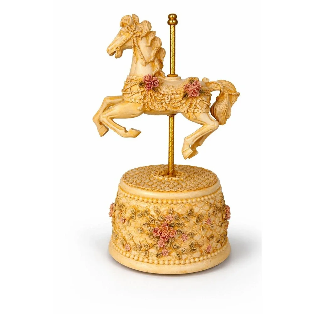 Vintage Carousel Horse Music Box WORKING Carousel Waltz Floral Gold Tone